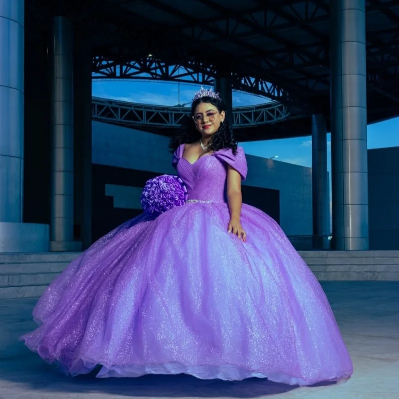 

Purple Off Shoulder Quinceanera Dress Lace sequin applique Tull vestidos de 15 Quinceanera Customized