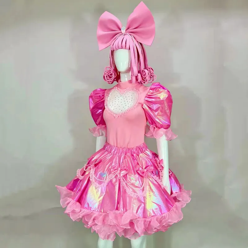 

Adult Women Princess Cosplay Costume Lovely Role-playing Performance Clothes Pink Puff Sleeve Tutu Dress Wig Sexy Stage Wear