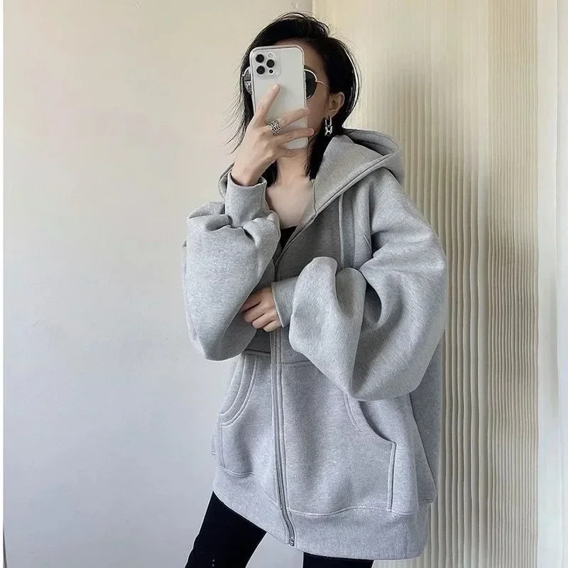 Autumn Winter Women's Solid Oversized Loose Hooded Sweatshirt Streetwear Hoodies Women Korean Style Casual Zip Hoodie Y2k