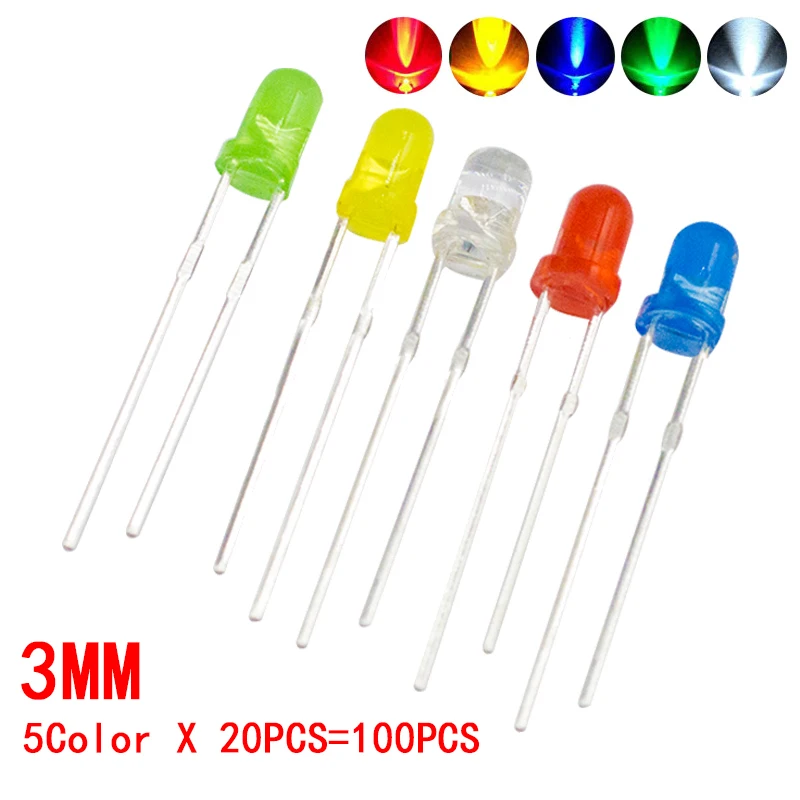 100pcs 3mm 5mm LED Light White Yellow Red Green Blue Assorted Kit DIY LEDs Set electronic diy kit