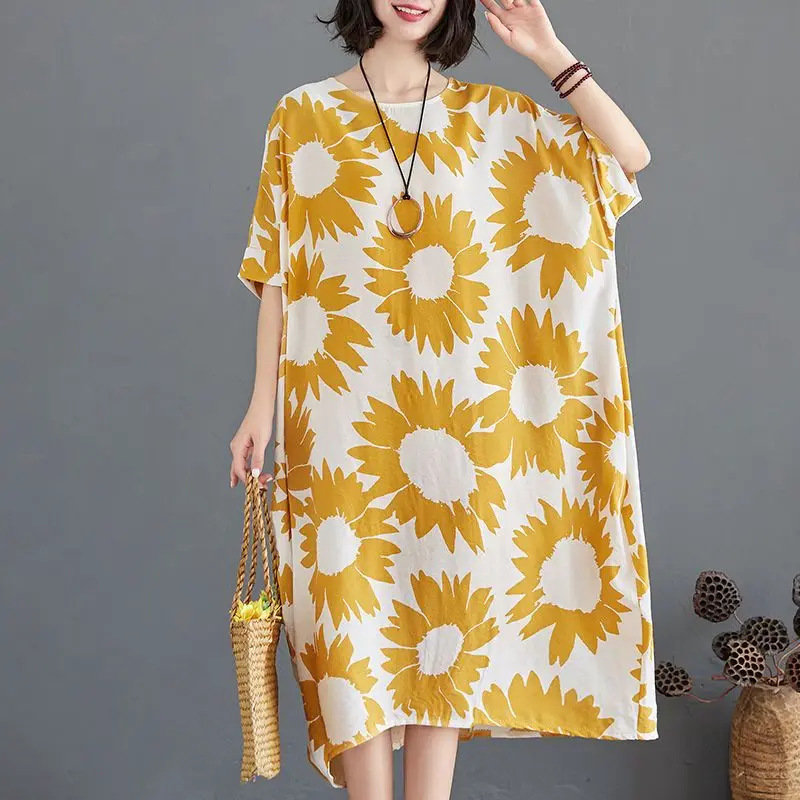 Dameskleding Kantoor Dame Afdrukken Oversized Jurken Dames Eenvoud O-hals Korte mouw Losse midi-jurk Zomervlasjurken