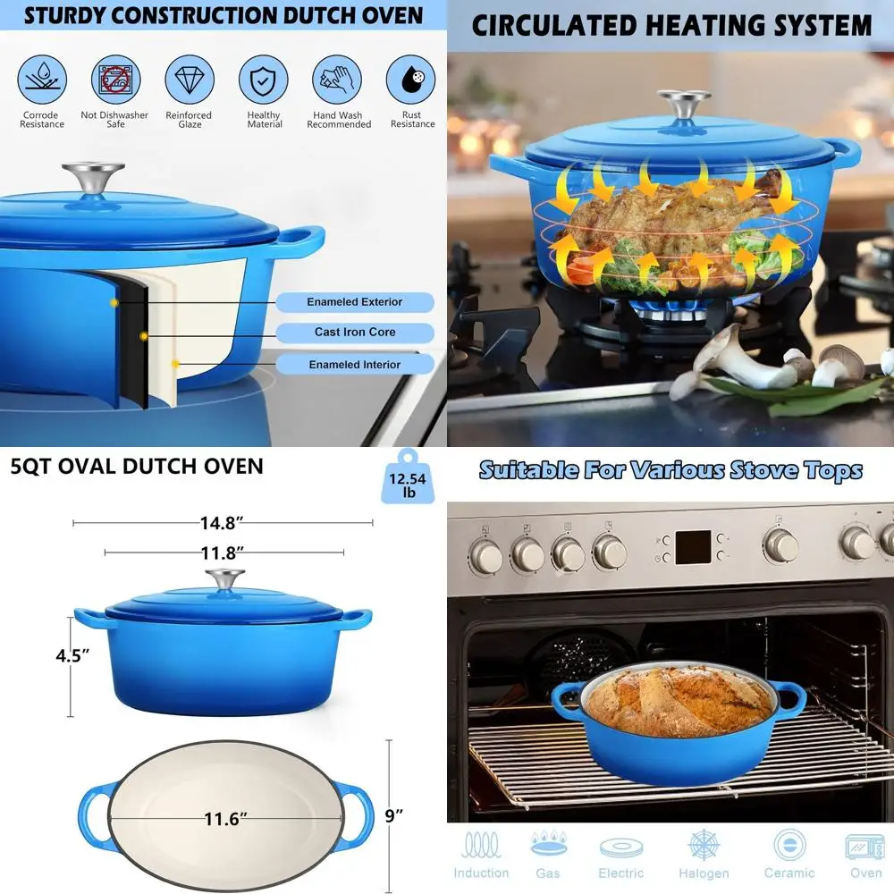 

Blue 5-Quart Enameled Cast Iron Oval Dutch Oven with Lid, Ideal for Baking, Stewing, Braising, and Frying, Compatible with Vario