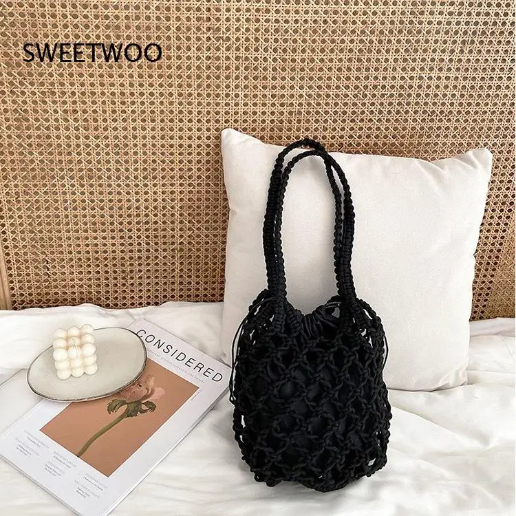 Bohemian Net Bag Knitted Open Structure Removable Lining Drawstring Sack Soft Cotton Material Multiple Color Selections