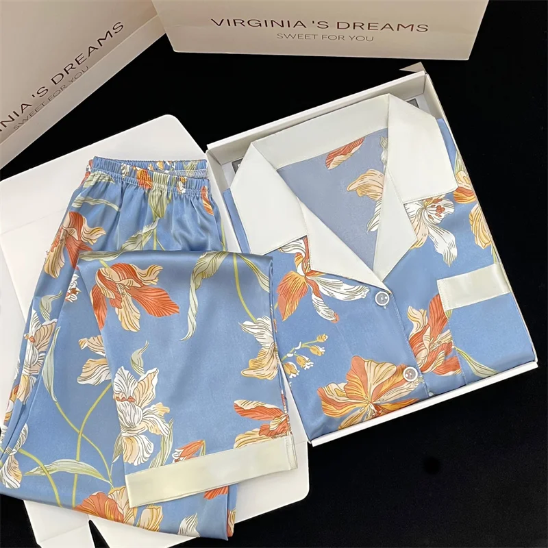 2023 Autumn New Lapel Long Sleeve 2 Pieces Pajamas for Women Ice Silk Soft Sleepwear Women Elegance Printing Flower Sleepwear