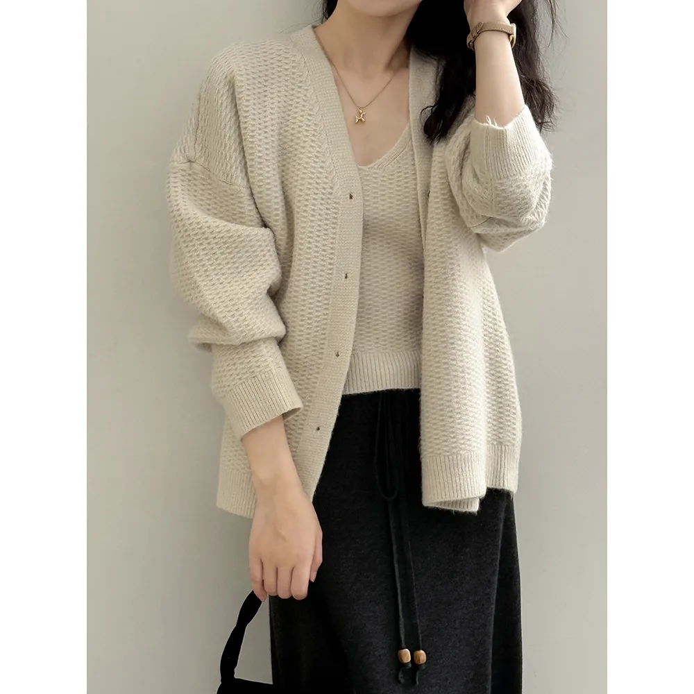

V-neck Single-breasted Knitted Cardigan + Simple Camisole Women's Two-piece Set Autumn Elegant Outfit