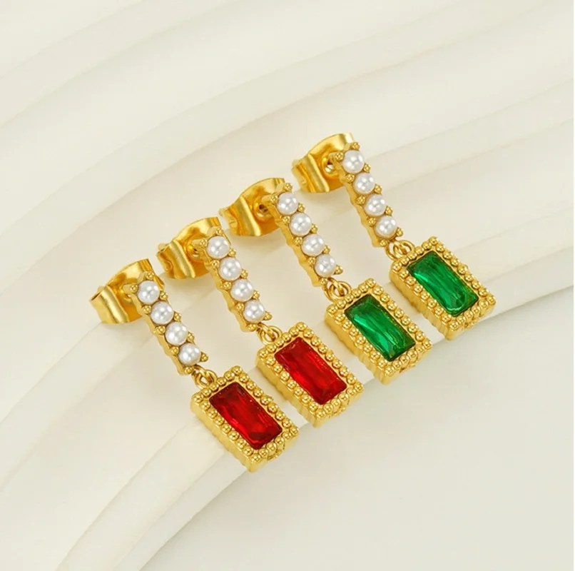 Square Rhinestone Pendant Imitation Pearl Stud Earrings Women Stainless Steel Plated 18K Gold Earing Fashion Jewelry