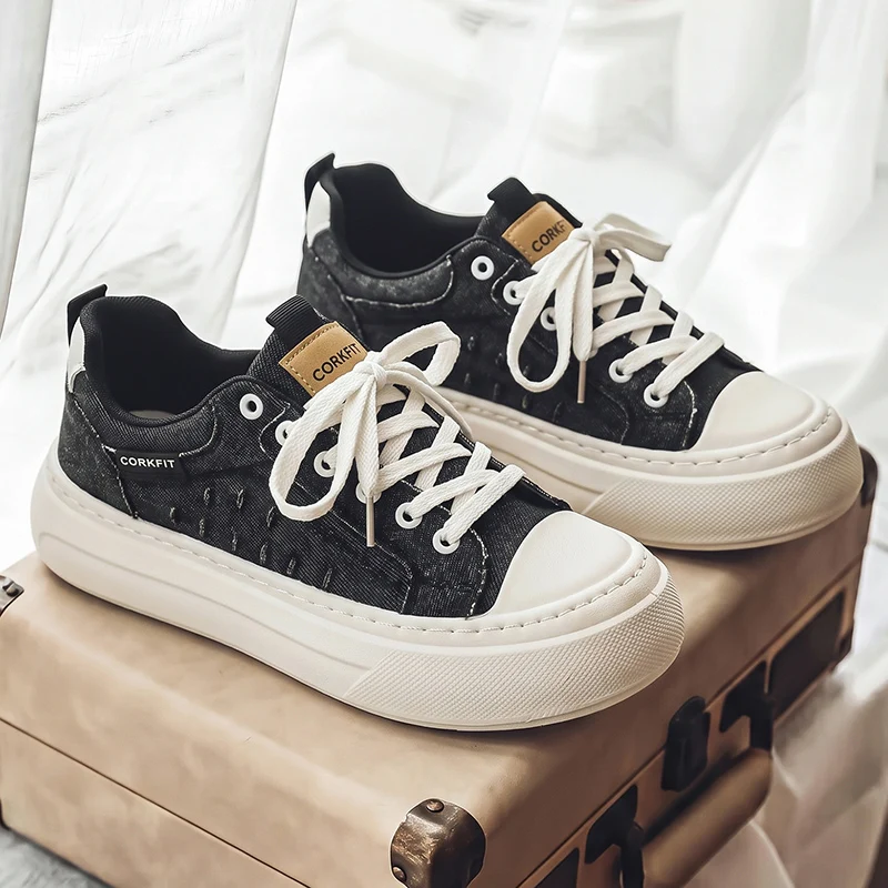 Men Thick Sole Anti-slip Breathable Casual Shoes,Low Top Canvas Skate Sneakers, All-match Commute Sports Footwear For Daily Wear