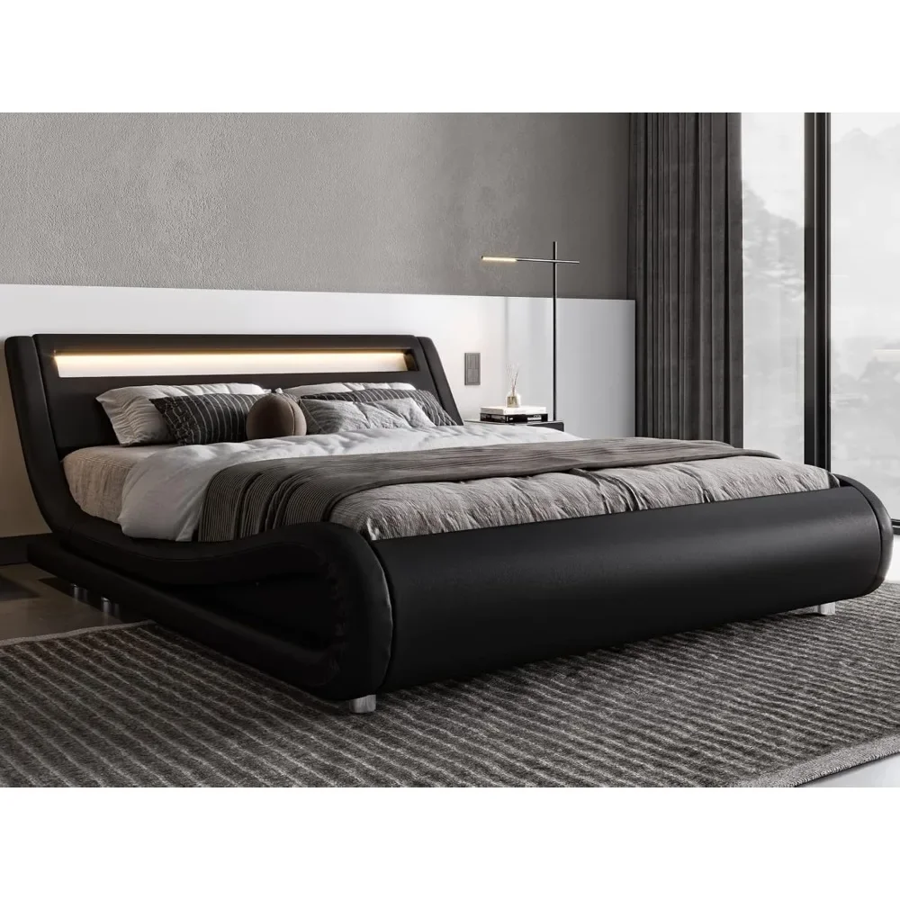 Full-size LED platform bed frame with adjustable headboard / no springs required / easy to assemble / black faux leather