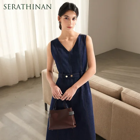 KT7613676 Luxury Denim V-Neck Sleeveless Midi Dress Cotton Linen Blend Slim Fit A Line Vestidos Elegant Dress