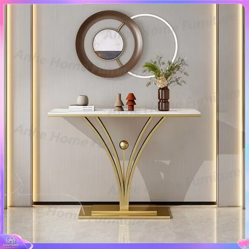 Modern Slim Console Table Luxury Slate Top Metal Frame Narrow Entryway Table Wall Mounted Sofa Back Table for Hallway