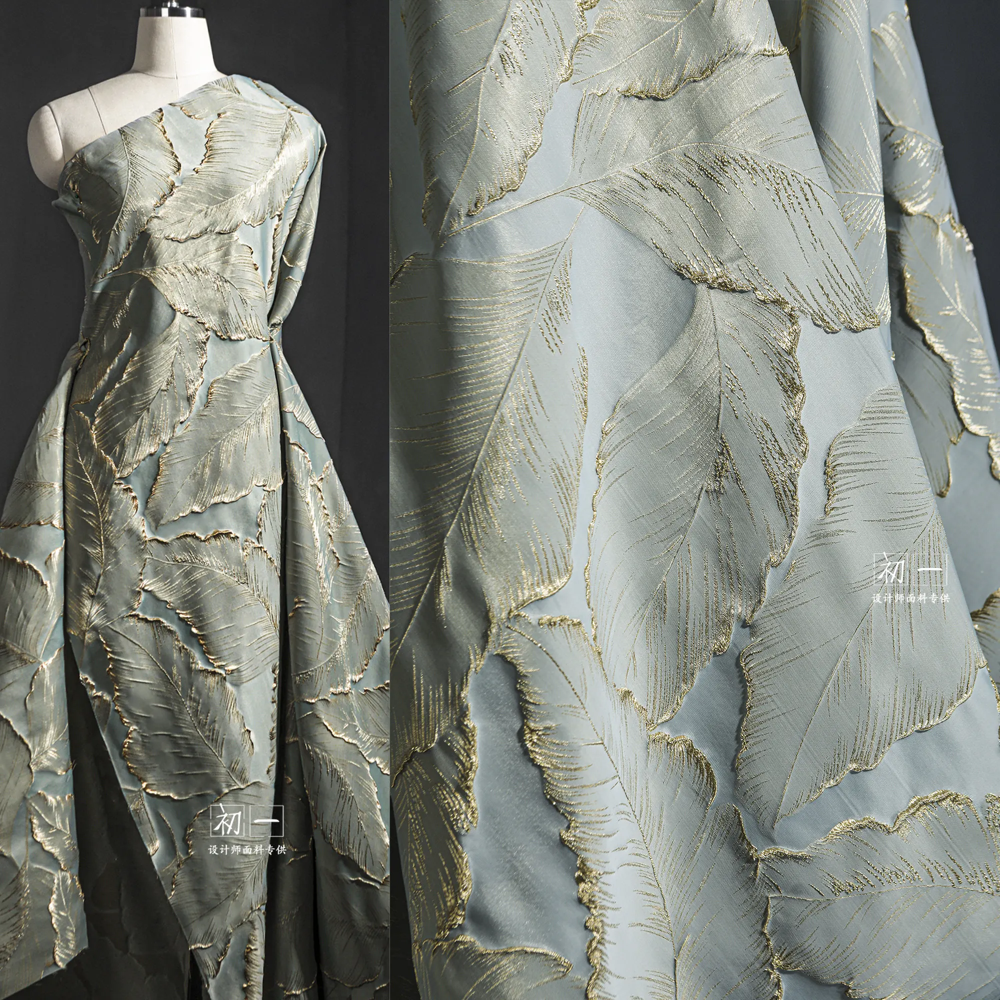 Leaves Gray Blue Silk Embossed Jacquard Fabric French High-End High-Density Jacquard Texture Dress Designer Fabric