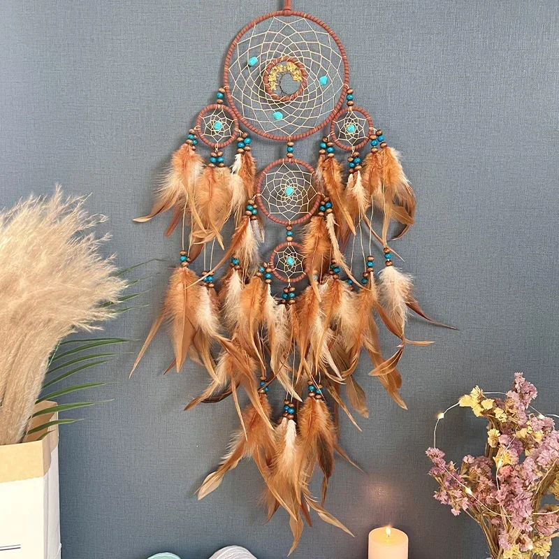 

High-end Turquoise Tree of Life Dream Catcher Hanging Colorful Feather Wind Chime Wall Decoration Pendant