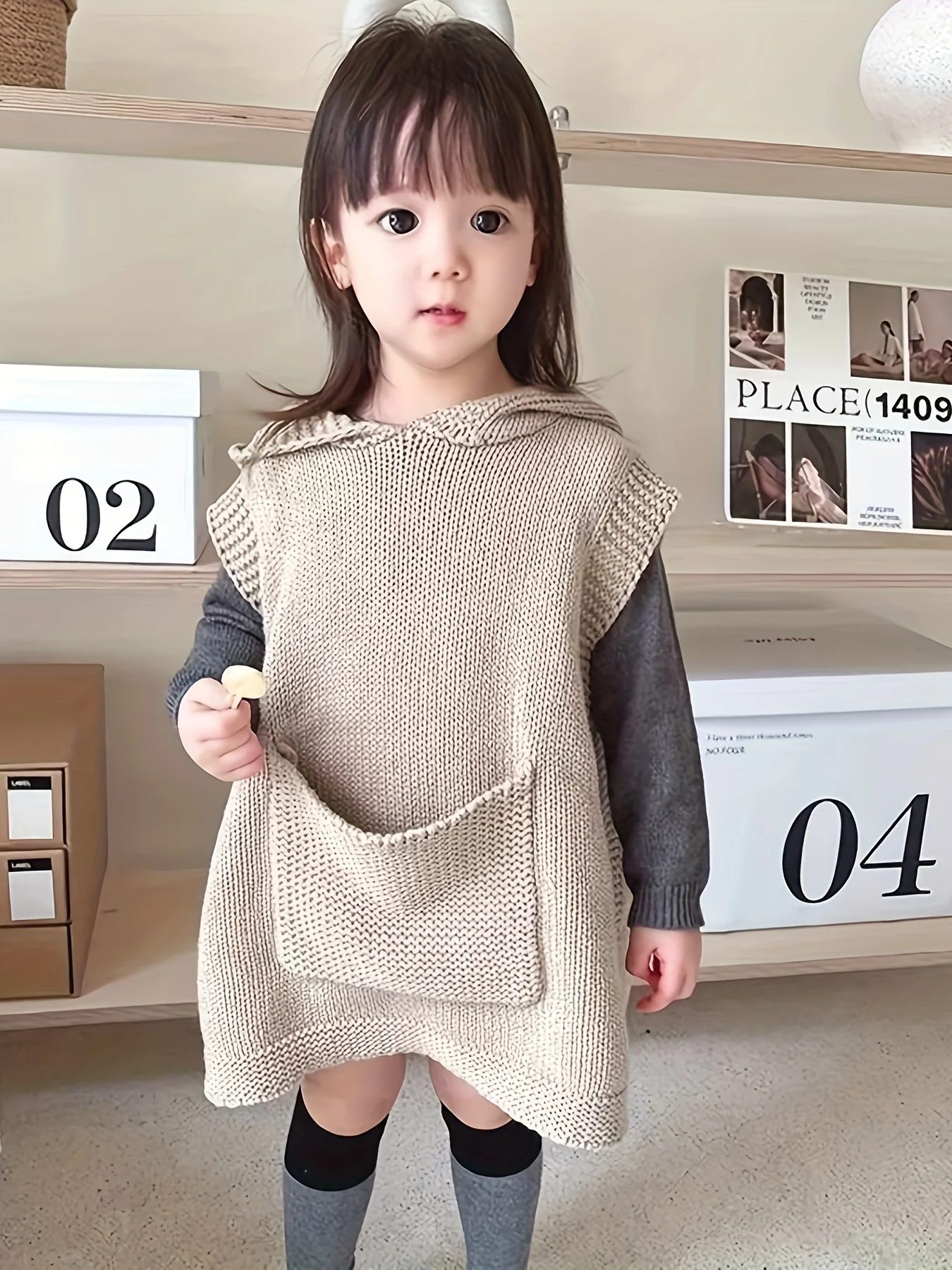 

Детская одежда, жилет для девочек, весенний новый стиль, ленивый большой карман, нишевый вязаный детский свитер с капюшоном, жилет для маленьких и средних размеров