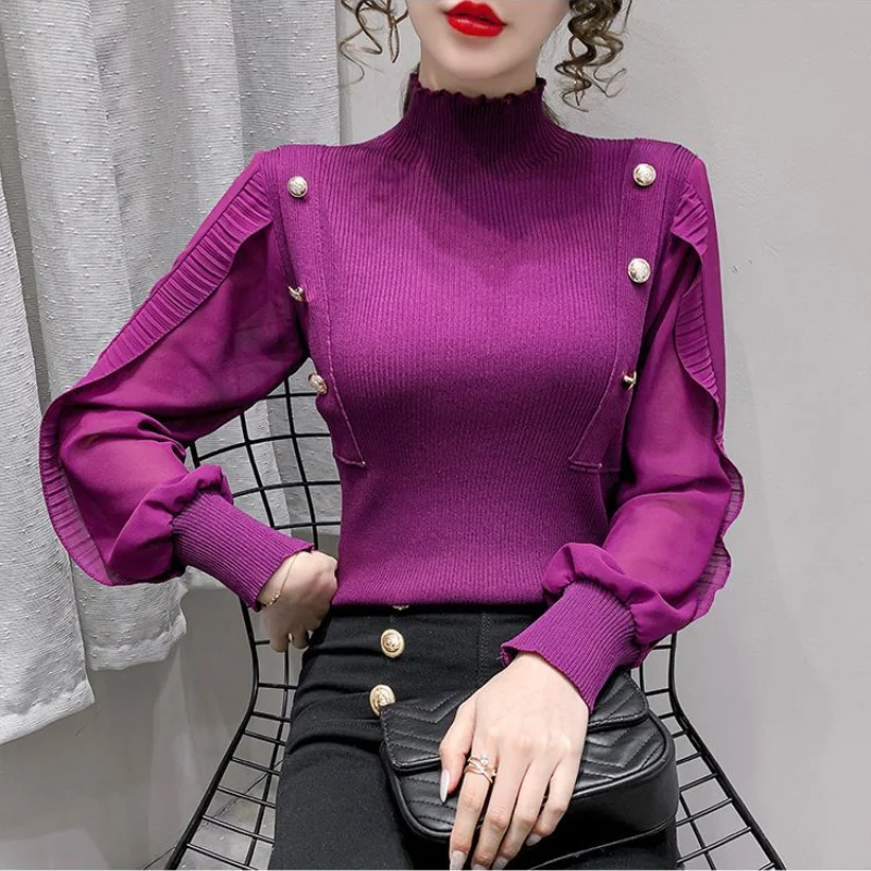 Oversize Versatile Commuter Women\'s Clothing Autumn and Winter New Buttons Half High Collar Long Sleeve Solid Color Pullover