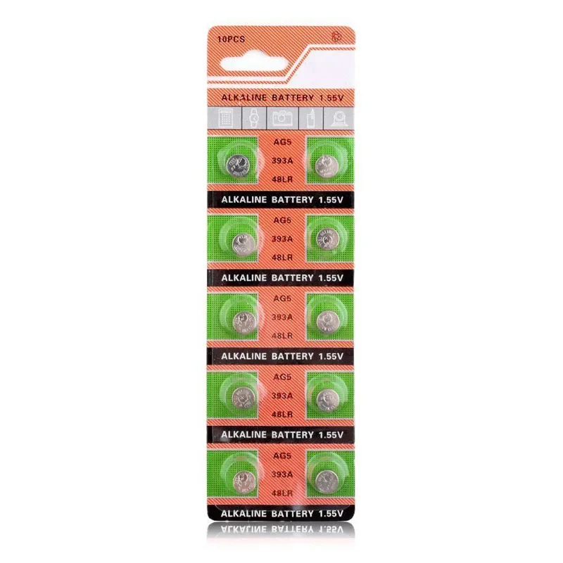 100pcs /10 Card 30mAh 1.55V AG5 G5 393A LR48 LR754 15 193 LR48 D309 399 RW28 AG 5 Button Cell Coin Battery For Watch Toys Remote