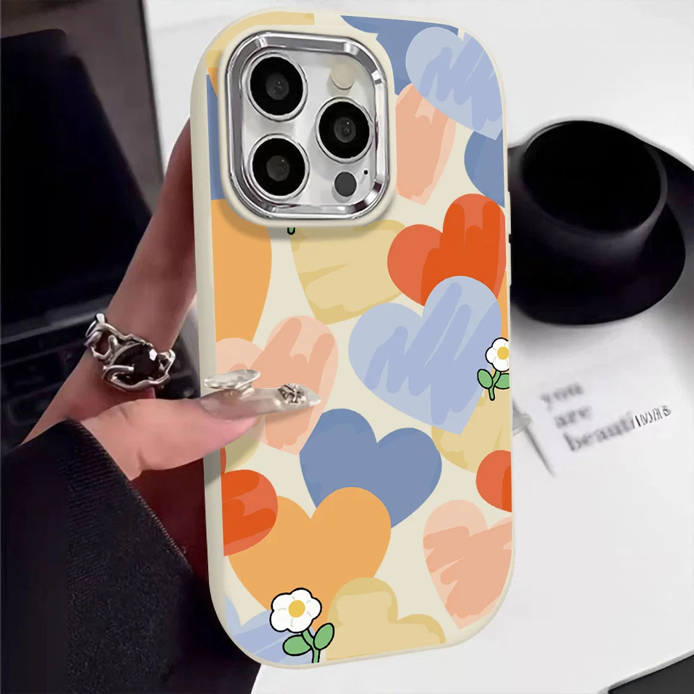 Colorful Rainbow Graffiti Flowers Case For iPhone 13 14 15 16 Pro 11 12 13Pro Case Oval Plating Frame Protection Back Cover Capa