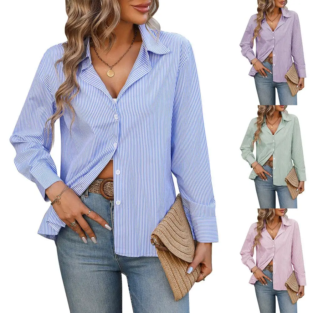 

Women's Long Sve Slim Striped irt lectual Sle Cotton Polyester Blend Casual Busin Faion Spring Summer