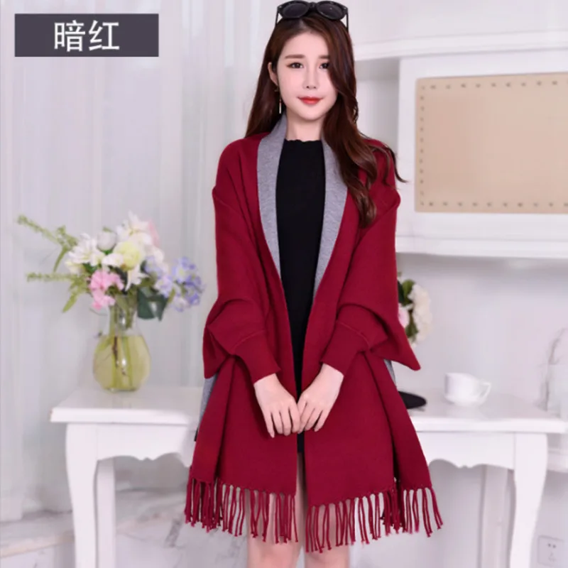 #4005 Batwing Sleeved Knitted Cape Coat Women Solid Color Casual Ponchos And Capes Female Loose Shawl Scarf For Women Cardigan