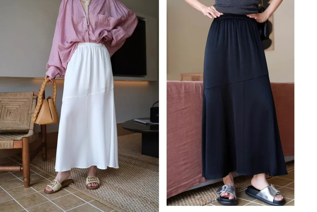 

Acetic acid structure loose swing elastic waist mid length skirt for women