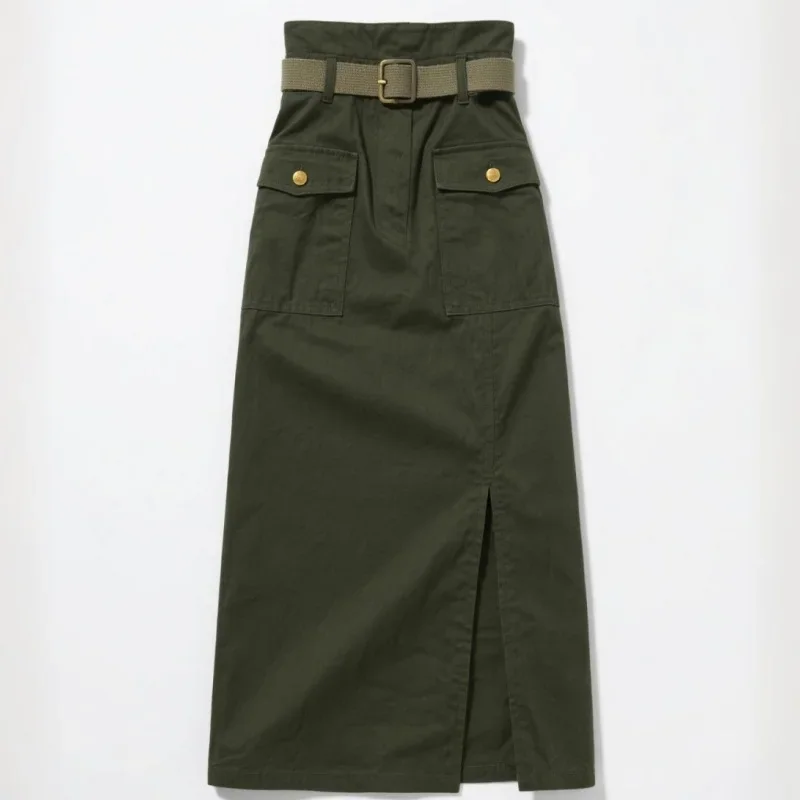 New Autumn Cargo Skirt Women Casual High Waist Solid Color Vintage Pockets Belted Frock Split Skirts Women's Clothing