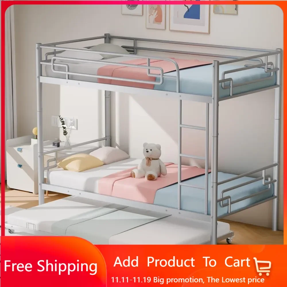 Twin Over Twin Bunk Bed with Trundle, Metal Bunk Beds with Ladders & Full-Length Guardrail, Can be Converted to 2 Beds