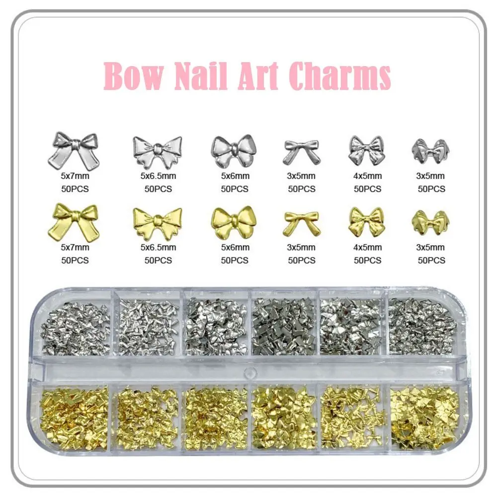

600 шт., 12 сеток, подвески для дизайна ногтей с бантом, золотые, металлические, золотые/серебряные, легкие заклепки для ногтей, шпильки, простые в использовании, различные размеры
