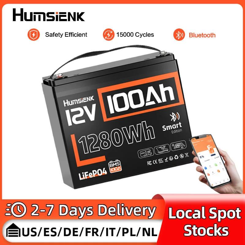 Humsienk 12V 100AH LiFePo4 Battery Bluetooth Built-in BMS Lithium