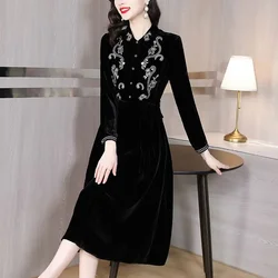 Elegant Vintage Embroidery Floral Velvet Dresses 2024 Autumn Winter Sequins Midi Prom Dress Women Bodycon Party Evening Vestidos