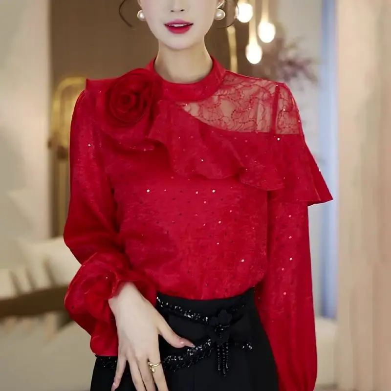 2025 spring new French red three-dimensional flower ruffle shirt women's lace hollow splicing sequined shirt