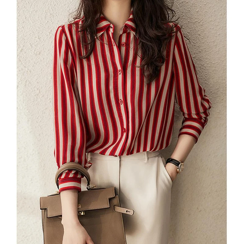 Red Striped Shirt Tops Spring New Long Sleeve Button All-match Youth Temperament Loose Blouse Elegant Vintage Women Clothing