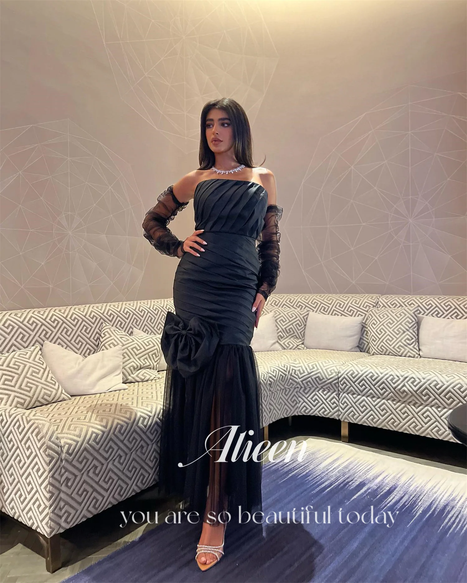 Aileen Damen-Abendparty-Kleider für besondere Anlässe, schwarzer Satin, lange Ballkleider, luxuriöse Vestidos De Festa فسات Cosa •Мة