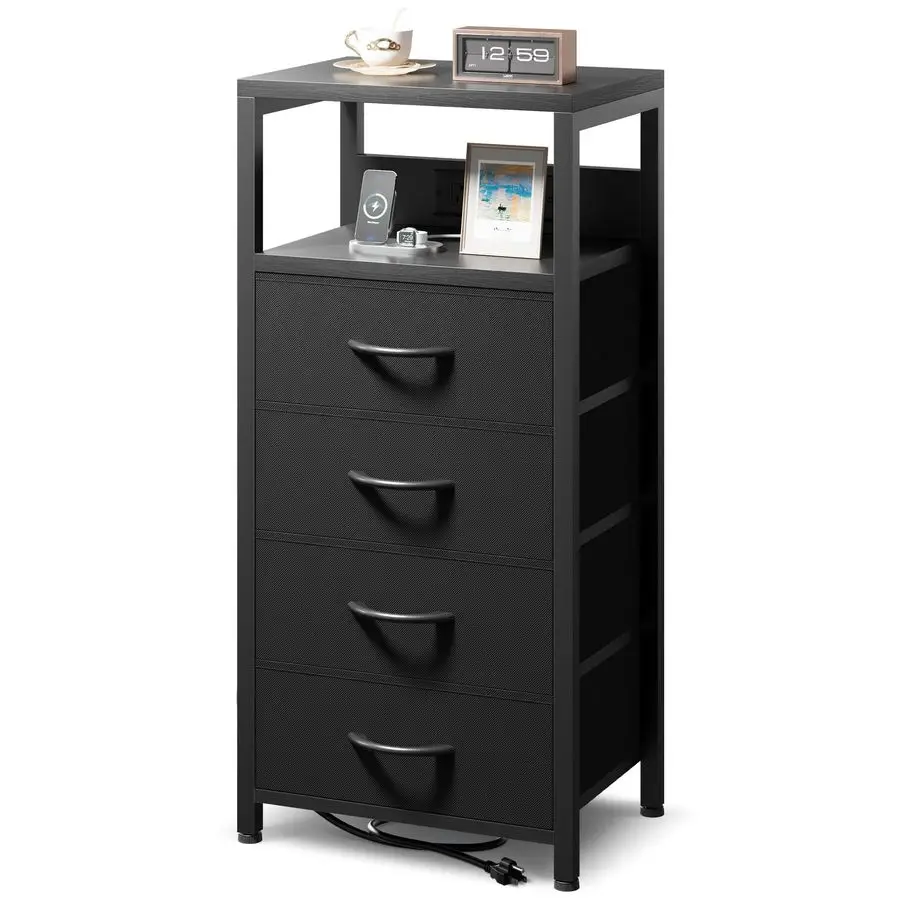 

Прикроватный зарядный столик Черная прикроватная тумбочка для спальни с зарядной станцией, современный прикроватный столик с открытой полкой усилителя 4 ткани Dr