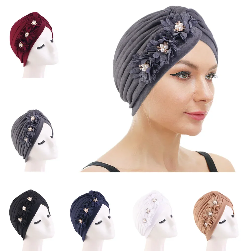 

New Flower Beanies Women Chemo Cancer Cap Muslim Hijab Inner Hat Pleated Headscarf Beads Pearl Turban Islamic Hair Loss Bonnet