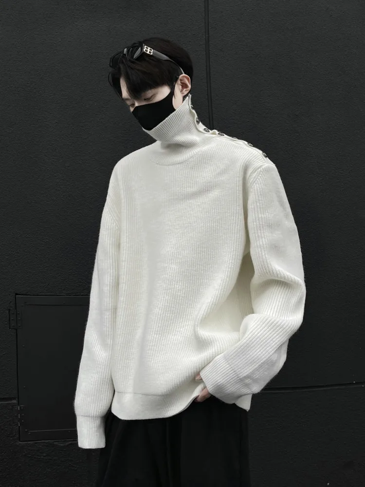 [OIMG] Black Wall Style 7 New Trend, Solid Color, High-end Feeling, Simple Button Up High Neck, Inner Sweater