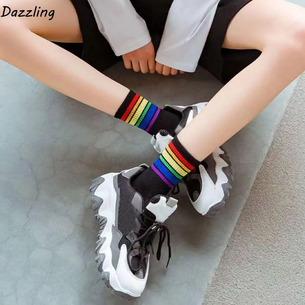 6Pairs Cozy Multicolor Rainbow Stripes Socks Mid-calf Breathable Rainbow Tube Sock Y2K Patchwork Cotton Socks Trendy