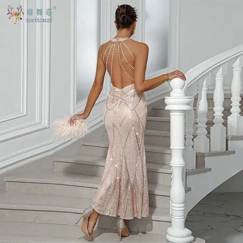 라운드넥 홀터넥 오프숄더 스팽글 파티 이브닝 드레스 섹시 비즈 백리스 하이웨이스트 롱 머메이드 이브닝 드레스