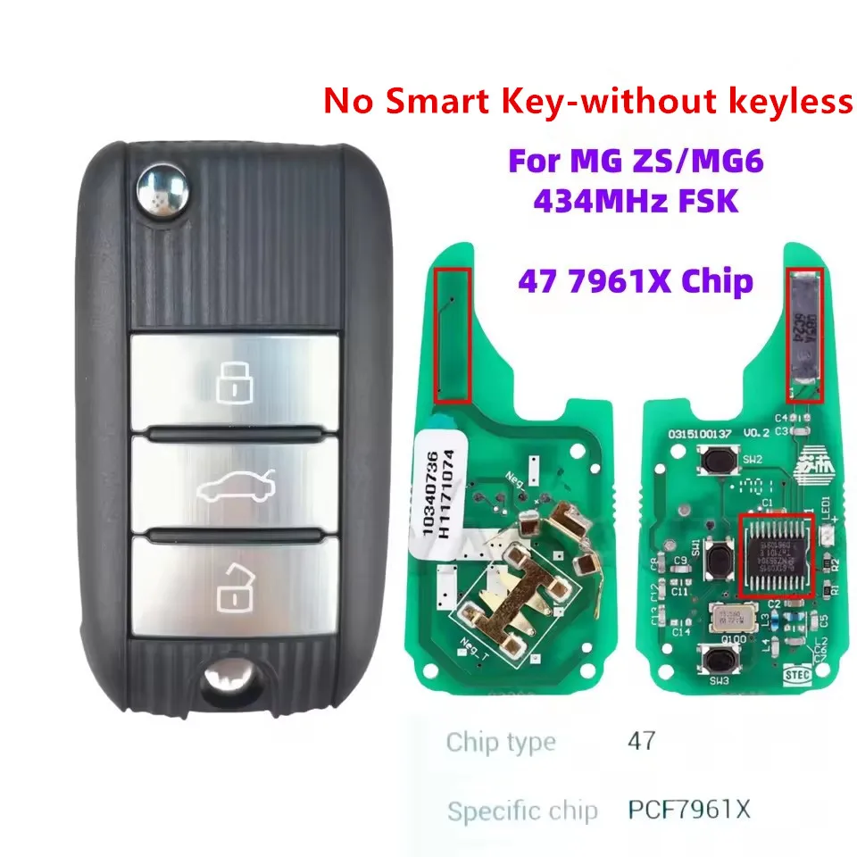 KEYECU Replacement Flip Remote Key FOB 3Buttons without keyless 433 Mhz ID47 Chip PCF7961X For MG ZS MG5 MG6 HS