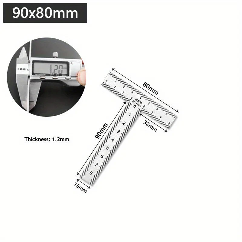 1Pc Integrated Stainless Steel T-shaped Ruler with 90 Degree Right Angle and Thickened Scale T-shaped Engineering Ruler