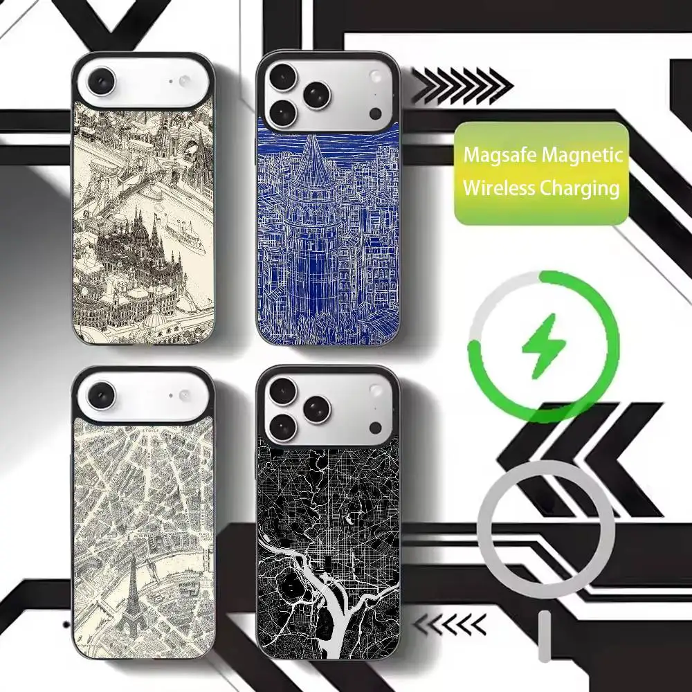 

Famous City Sketch City Map Phone Case For iPhone17,16,15,14,13,12,11 Plus,Pro Max Magnetic For Magsafe Wireless Charging