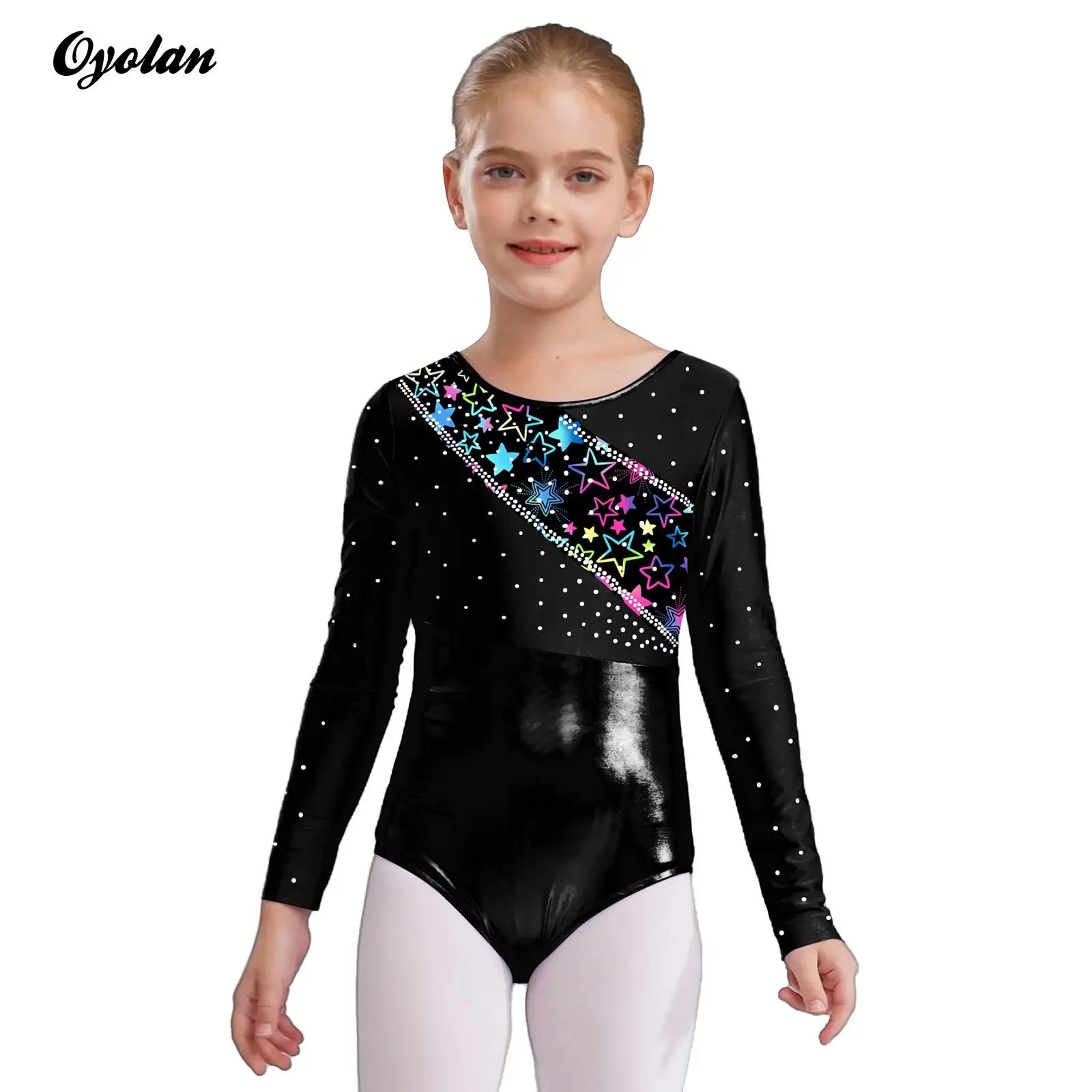 Niños niñas impreso gimnasia patinaje artístico Ballet Jersey traje de manga larga metálico brillante diamantes de imitación leotardo mono