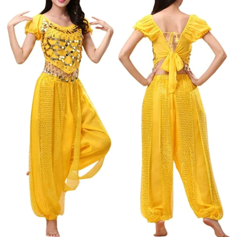 Conjunto de traje de danza del vientre para mujer, Tops de lentejuelas con pantalones Harem, Top corto, pantalones Harem, traje de baile árabe de Halloween