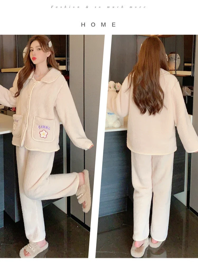 100KG 5XL Plus Size Winter Fleece Pajamas Set Women\'s Loose Cardigan Pant Home Suit Korean Sweet Warm Flannel Loungewear Suit