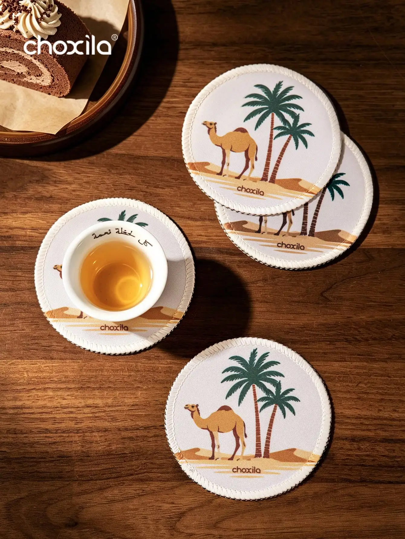 1‑4Pcs Arabian Camel Round Coasters,Polyester Non‑Slip Heat Pads for Table Home Decor Tea Coffee Cup