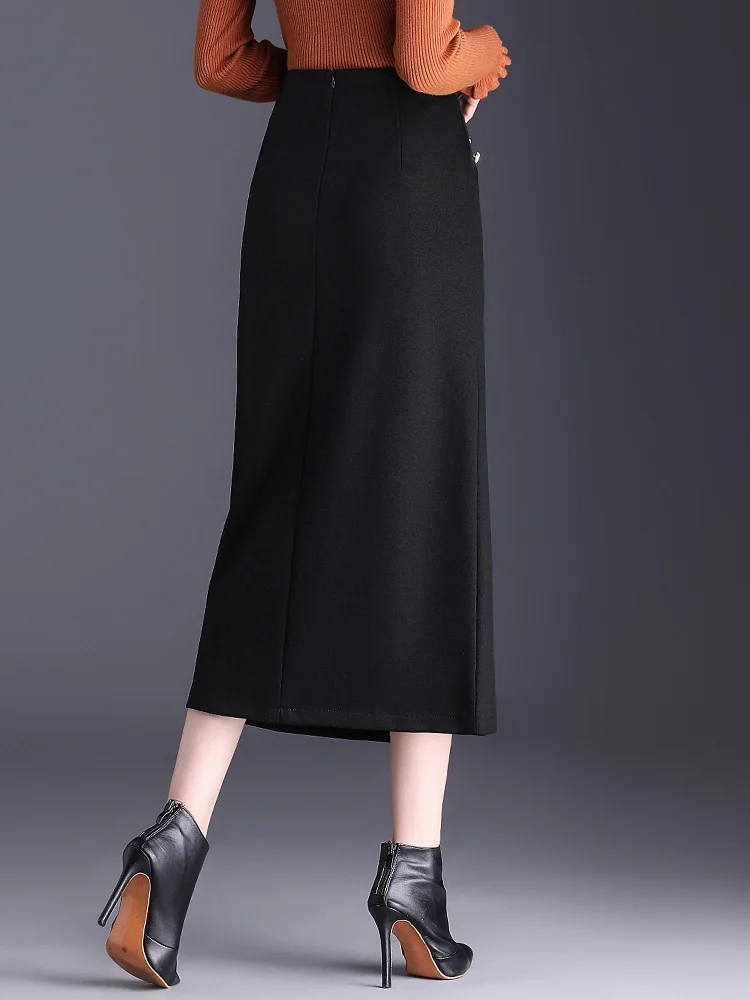 Women 2024 Fall Winter Twill Black Coffee Asymmetrical Skirt High Waist Ladies S M L XL XXL 3XL Size Mid Long Pencil Skirts 8850