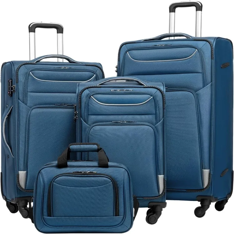 Bagaglio Set 4 pezzi valigia Spinner TSA Lock Softshell leggero (blu + nastro)