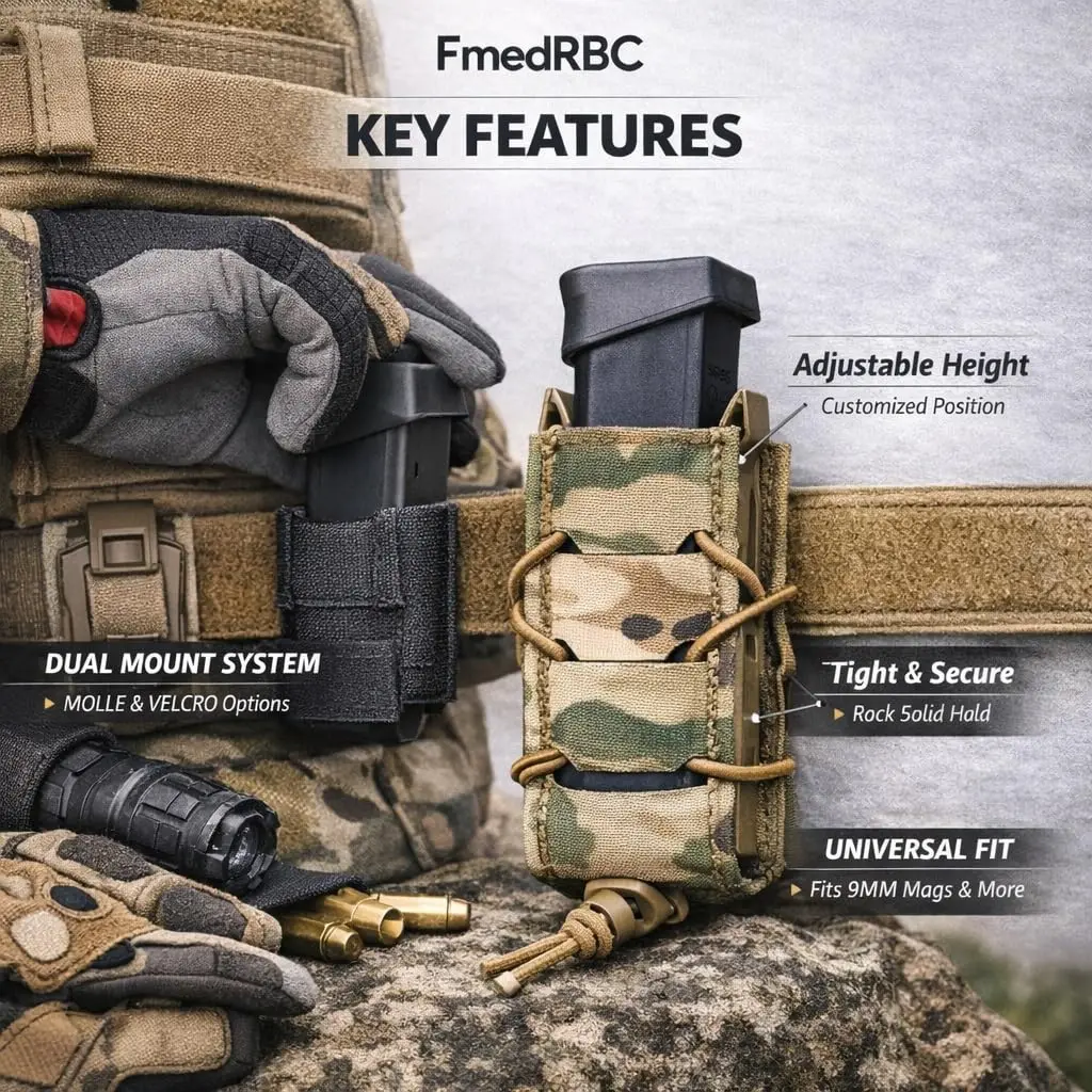 Portacargador Táctico de 9 mm, Portacargador Universal Individual para Pistola con Altura Ajustable, Clip para Cinturón MOLLE para Glock Sig Sauer 500D