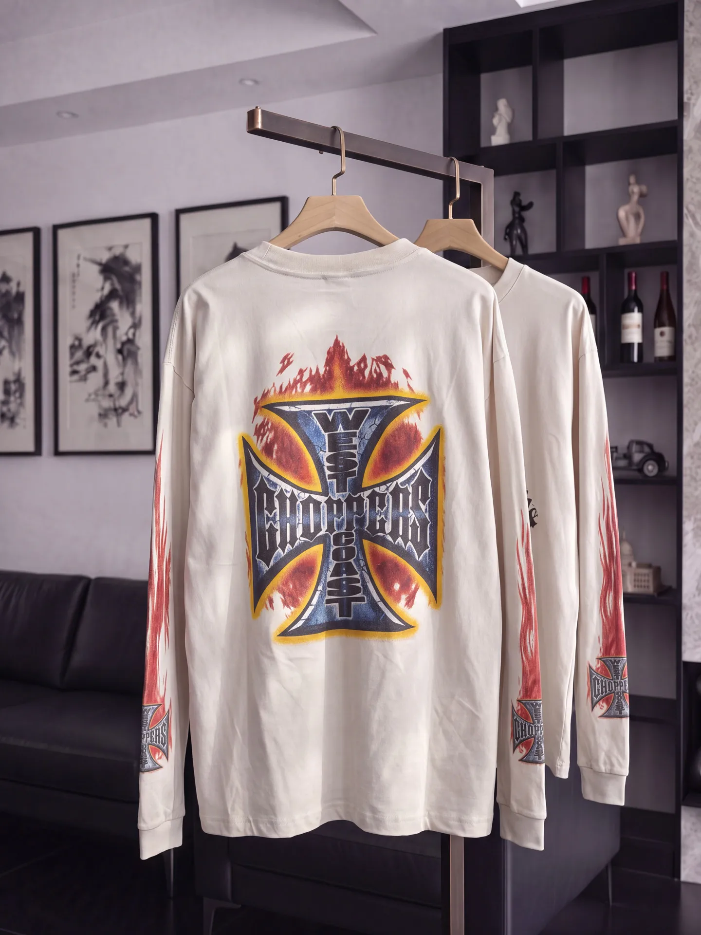 New Vintage Tops Hip Hop WCC West Coast Style Long Sleeve Tee Casual Washed Oversize Streetwear Flame Cross T-shirt for Men