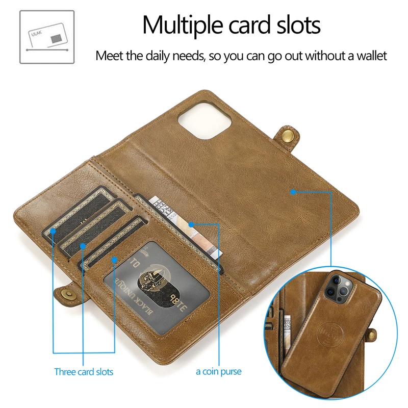 Detachable Magnetic Leather Phone Case For iPhone 15 Pro Max 14 11 12 13 Pro Max 15 Plus Wallet Card Pocket Flip Cover