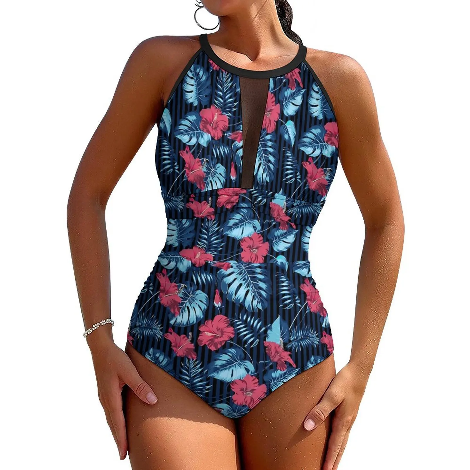 

Tropical Floral Swimsuit Stitch Bounding Swimwear One Piece Holiday Swimsuits Hollow Out Bathing Suit Female Push Up Beachwear