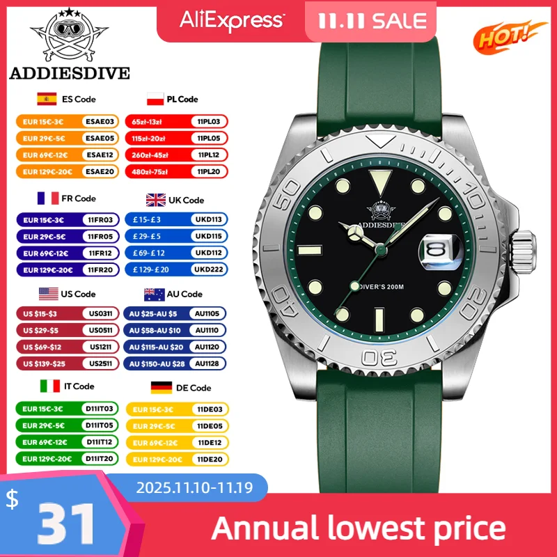 Addiesdive Waterdicht Herenhorloge 41 Mm Draaibare Bezel Mode Rubber BGW9 Super Lichtgevend 200M Duiken Quartz Horloge Reloj Hombre